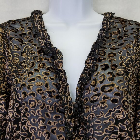 Vintage Havana Ruffle Blouse Women's M Velvet Burnout Sheer Leopard Smocked Back - Picture 3 of 16